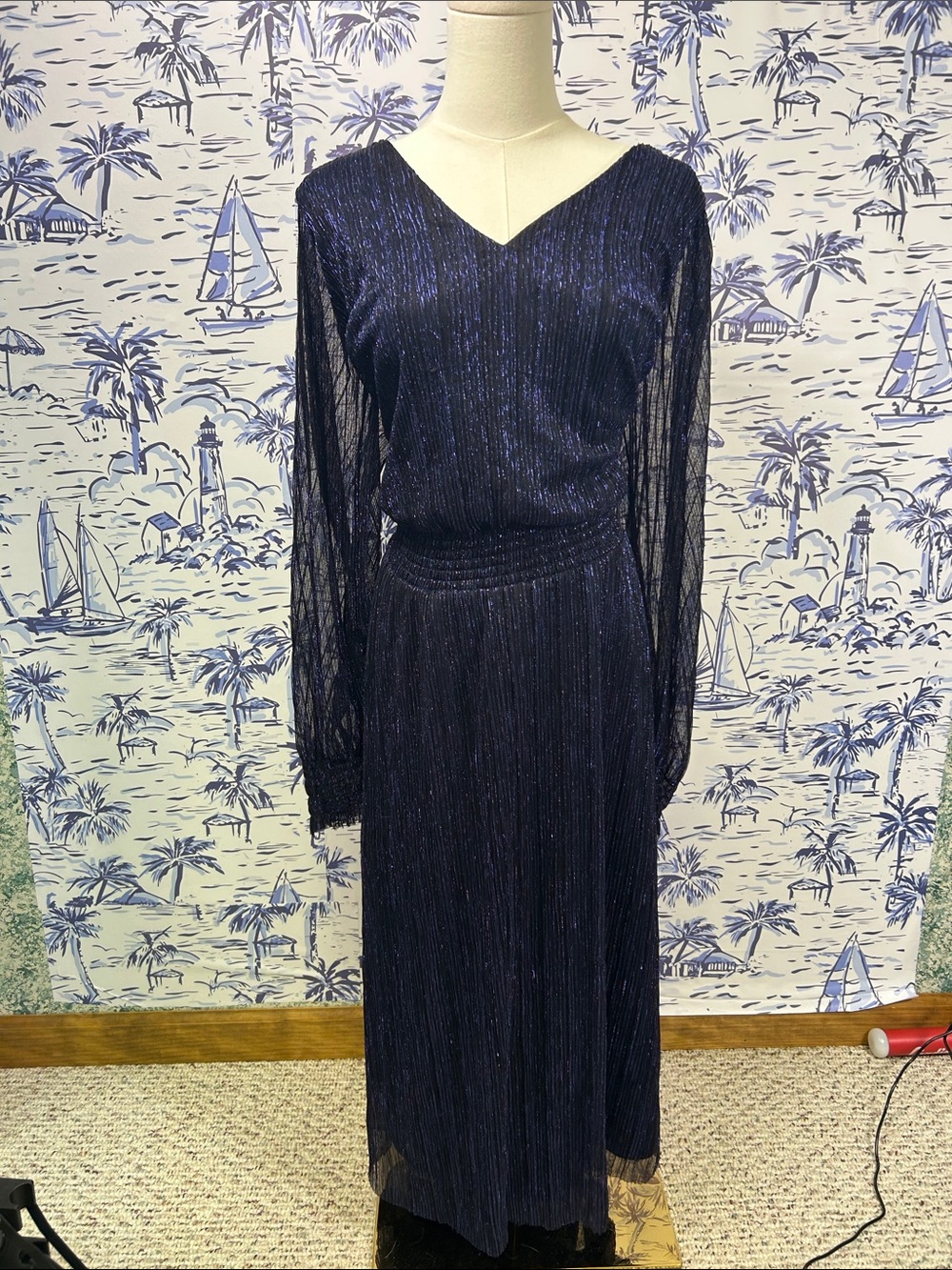 MSK Navy Metallic Sheer-Sleeve V-Neck Maxi Dress